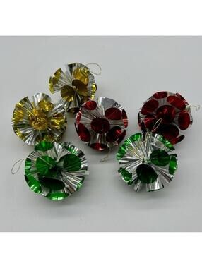 6 Vintage Atomic Starburst Foil Mylar Christmas Ball Ornaments Pom Pom 2 1/2”